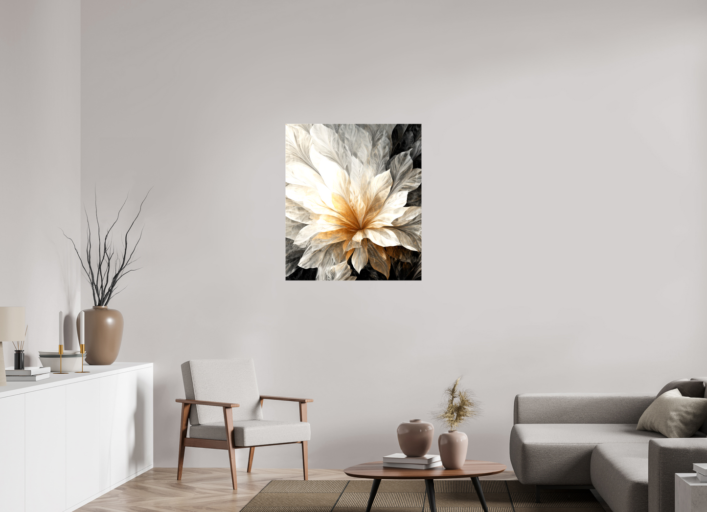 31 x 35.8″, Glossy Canvas White & Gold Flower 1
