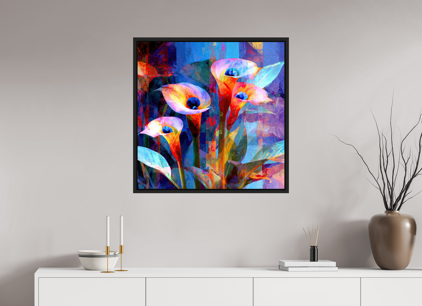 30 x 30″, Fine Art Print on Aluminum Dibond with Boarder Abstract Calla Lily Flowers