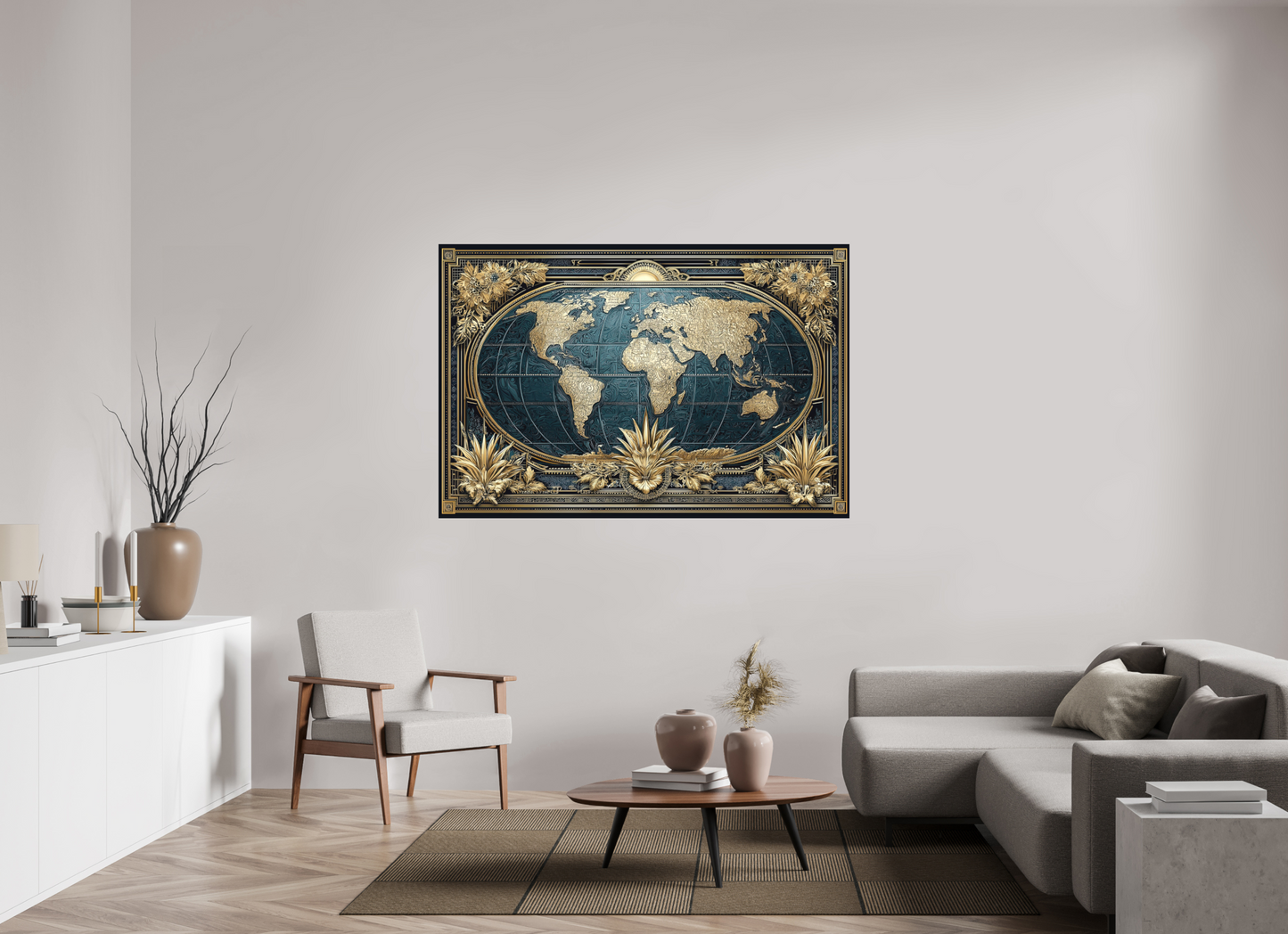 66 x 44″, Photo Print on Aluminum Backing Art Deco World Map