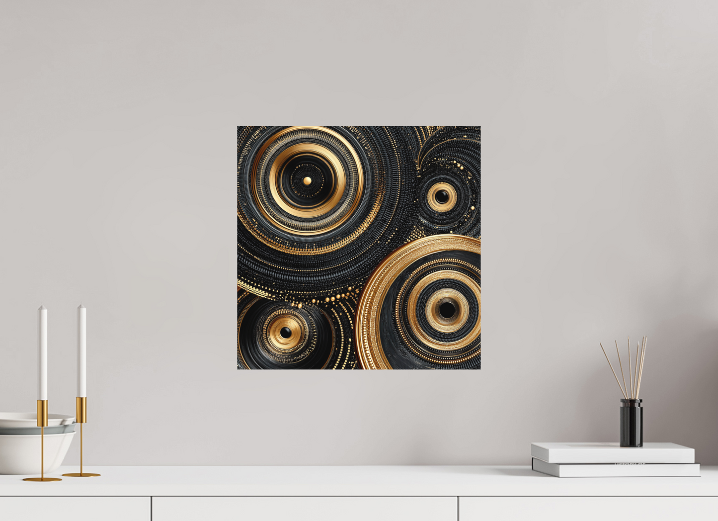 15 x 15″, Photo Print on Aluminum Backing Gold & Black Circles