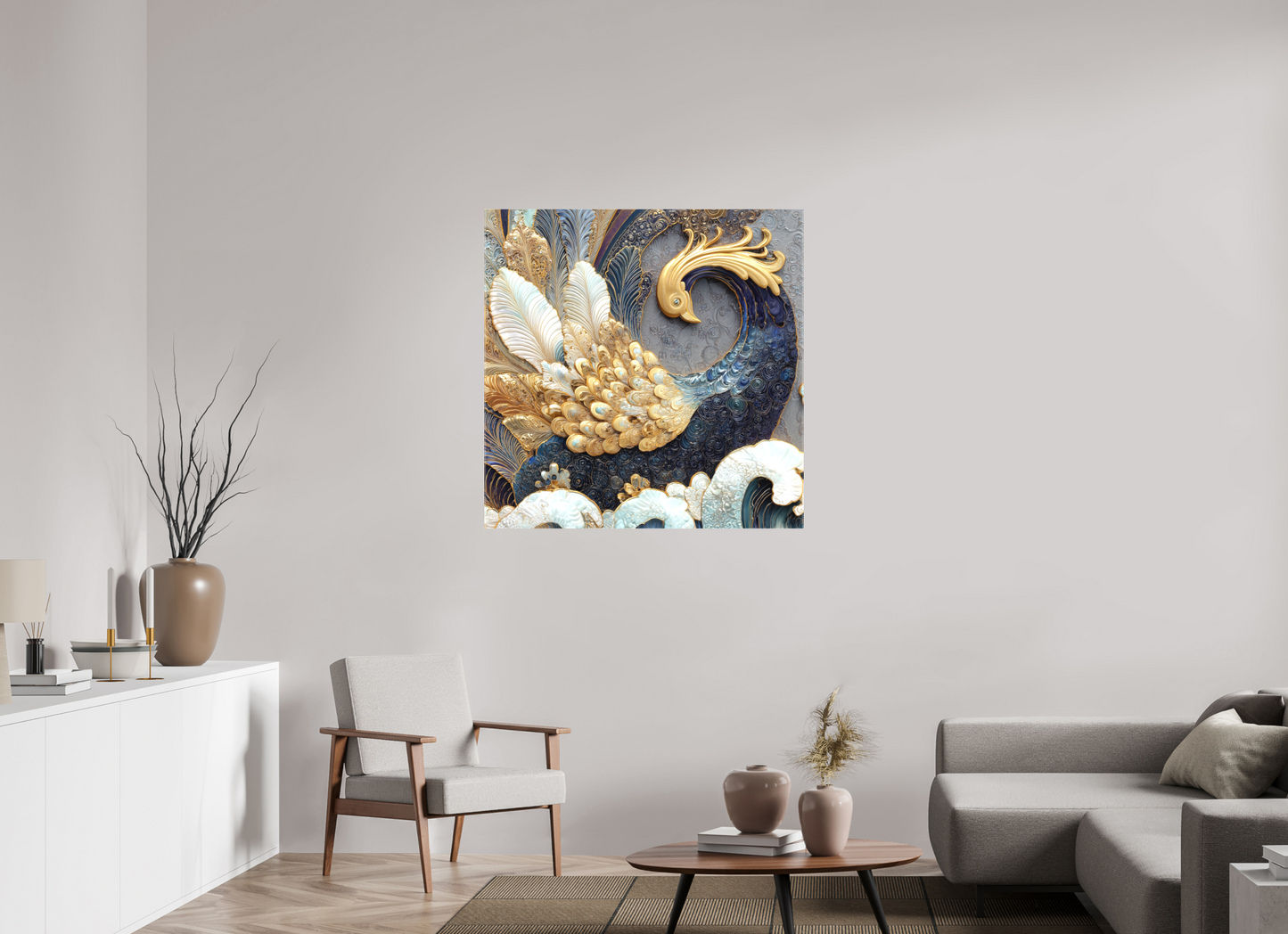 40 x 40″, Textile on Canvas Swan 2