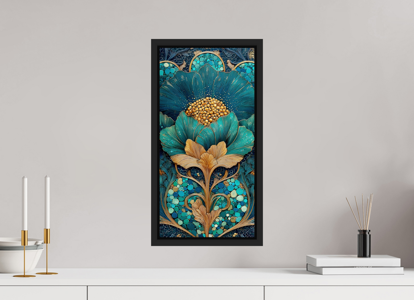 10 x 20″, Fine Art Print on Aluminum Dibond with Boarder Art Deco Teal Flower 2