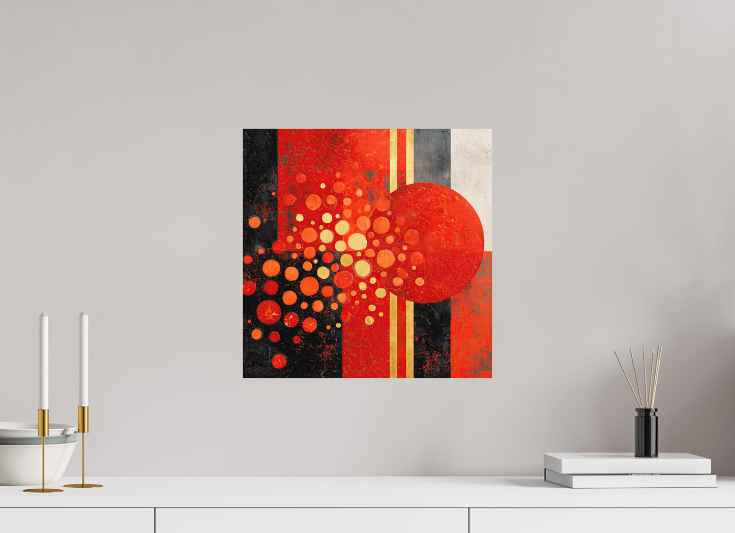 15 x 15″, Photo Print on Aluminum Backing Abstract Red Dots
