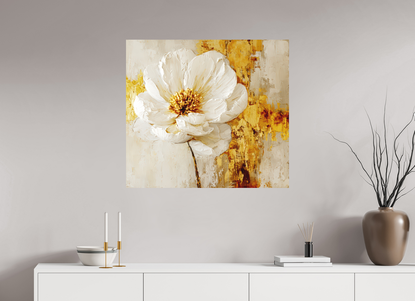 34.1 x 31″, Photo Print on Aluminum Backing White and Gold Flower 3