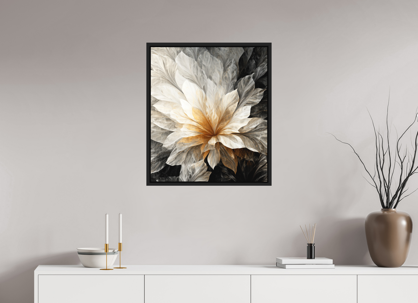 24 x 27.7″, Photo Print on Aluminum Backing with boarder White & Gold Flower 1