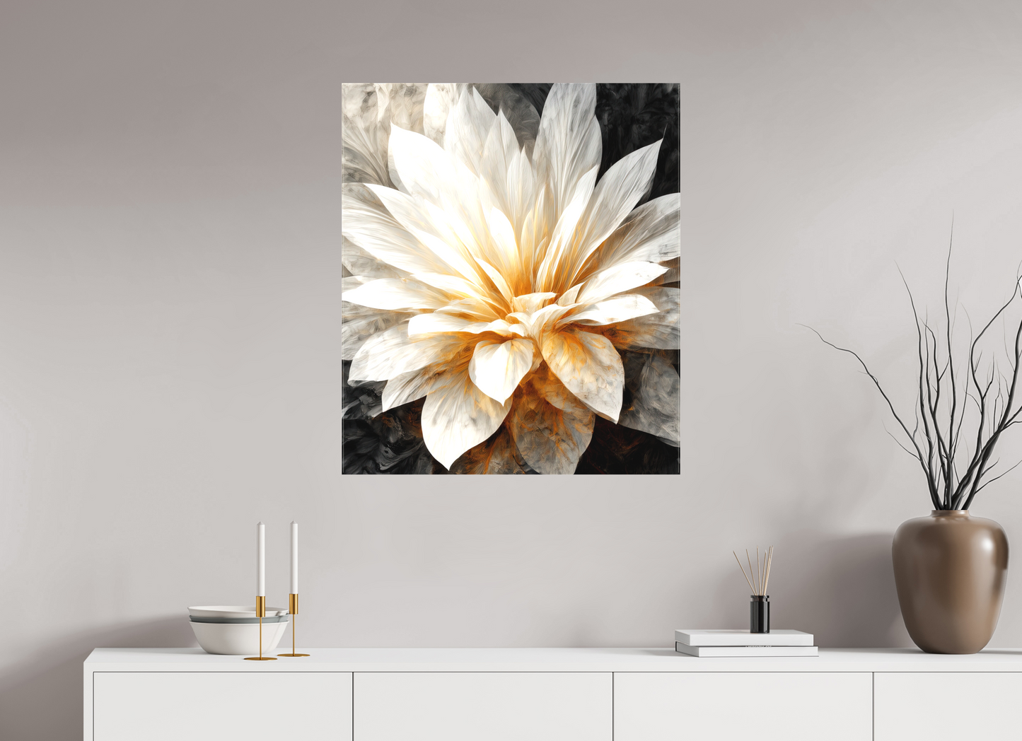28 x 32.4″, Textile on Canvas White & Gold Flower 2
