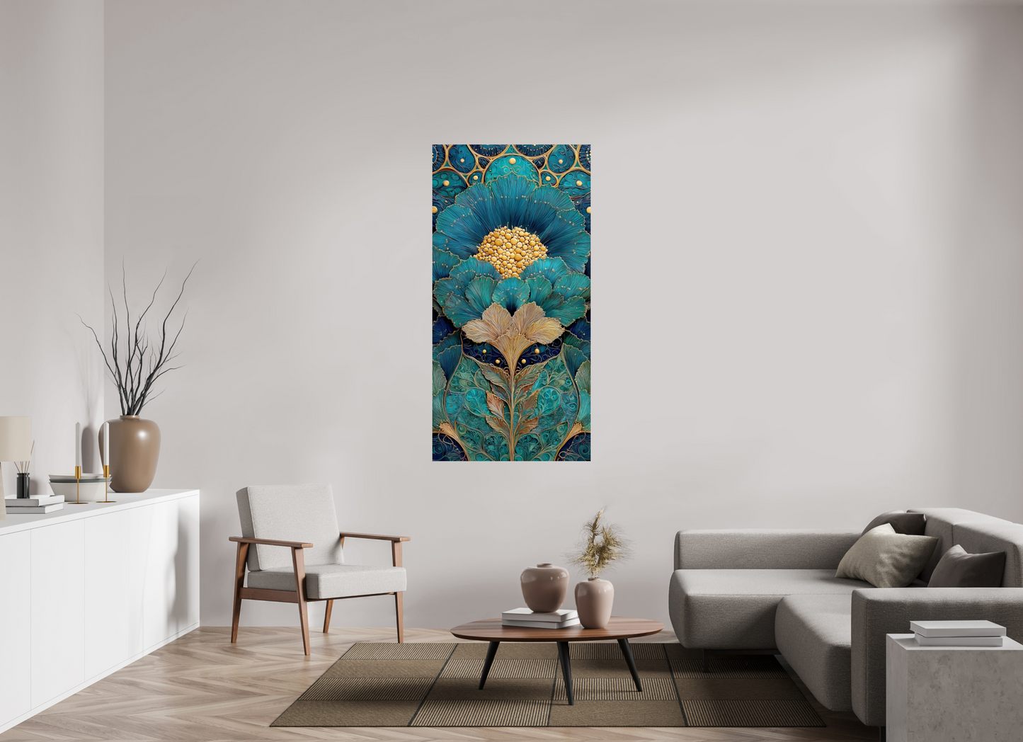 32 x 64″, Fine Art Print On Aluminum Dibond Art Deco Teal Flower 1