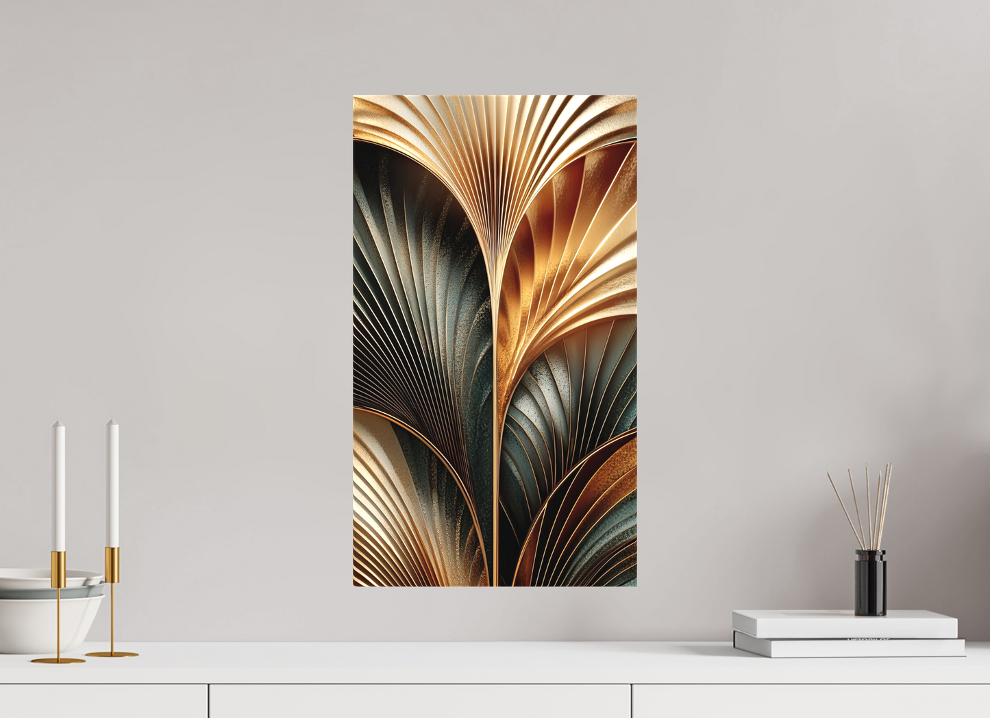 12 x 21″, Textile on Canvas Art Deco Leaves 3