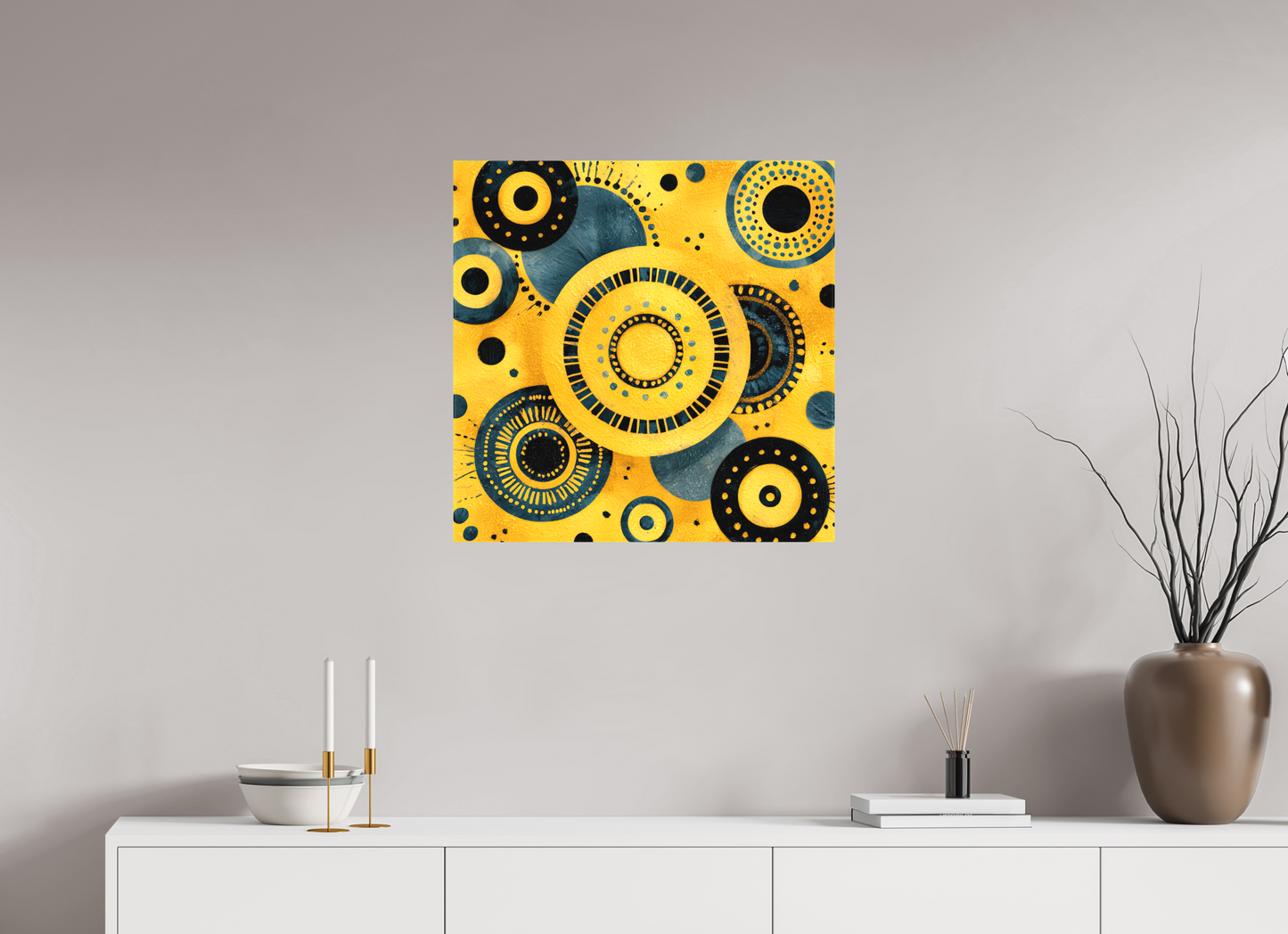 25 x 25″, Textile on Canvas Yellow & Blue