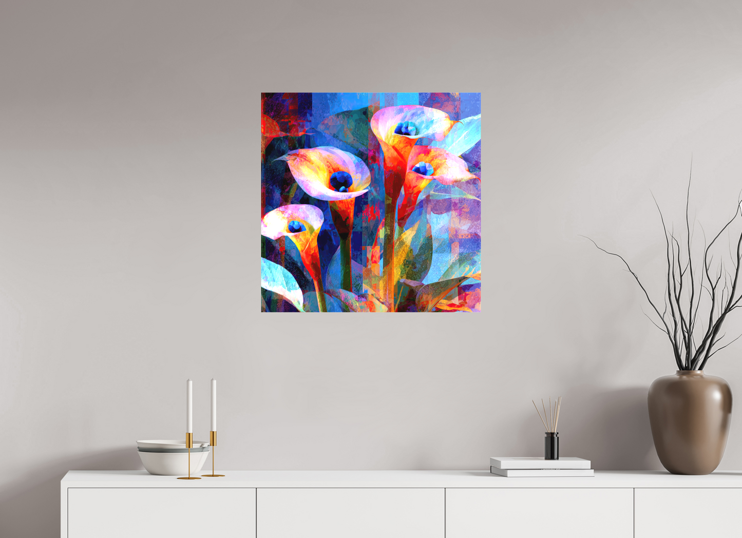 25 x 25″, Textile on Canvas Abstract Calla Lily Flowers
