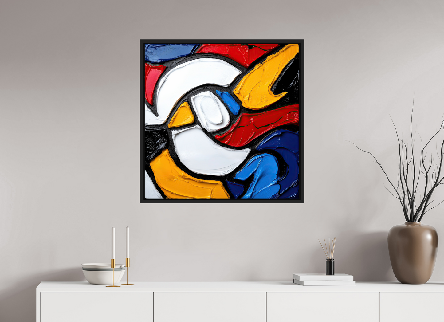 30 x 30″, Fine Art Print on Aluminum Dibond with Boarder Abstract Paint Bird