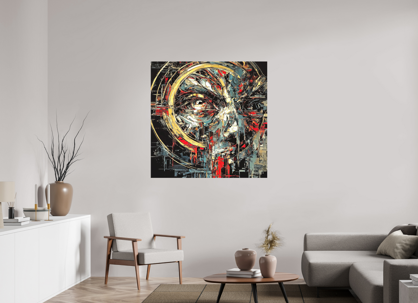 45 x 45″, Textile on Canvas Abstract Male Eye