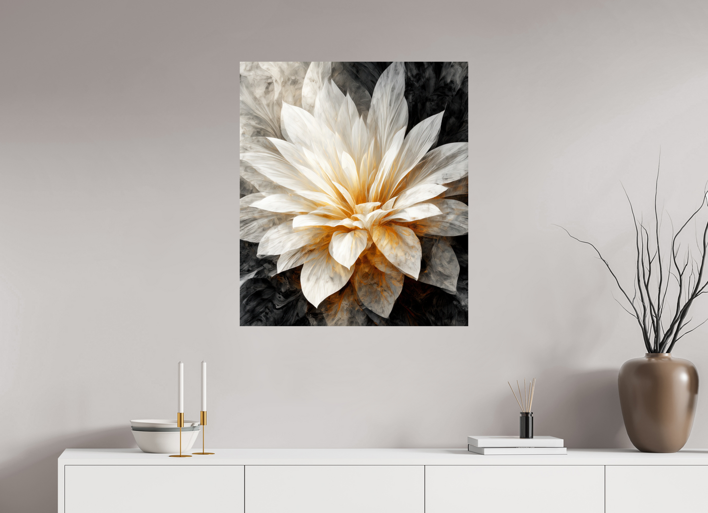 28 x 32.4″, Fine Art Print On Aluminum Dibond White & Gold Flower 2