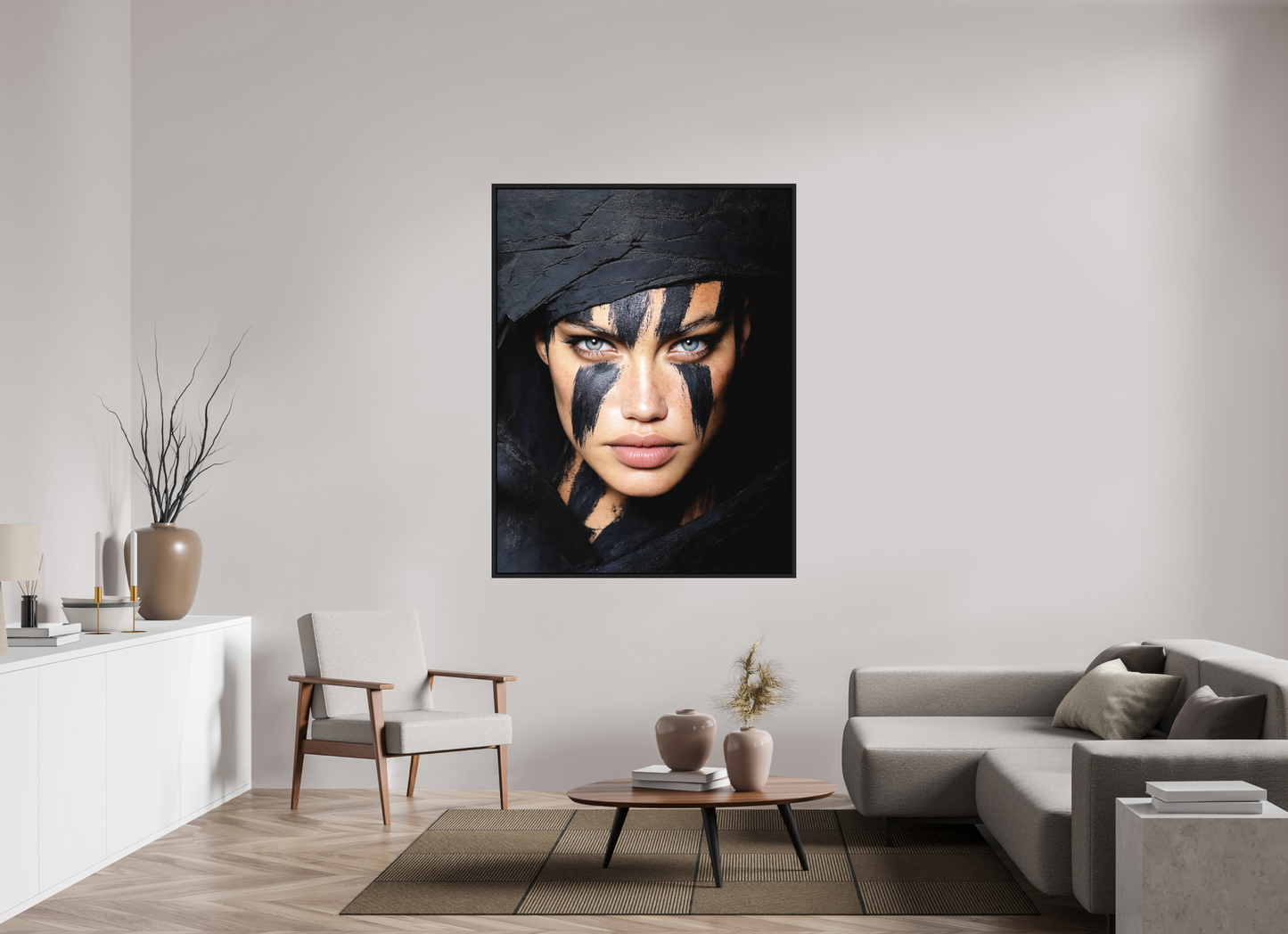 47 x 61.4″, Photo Print on Aluminum Backing with boarder Charcoal Woman