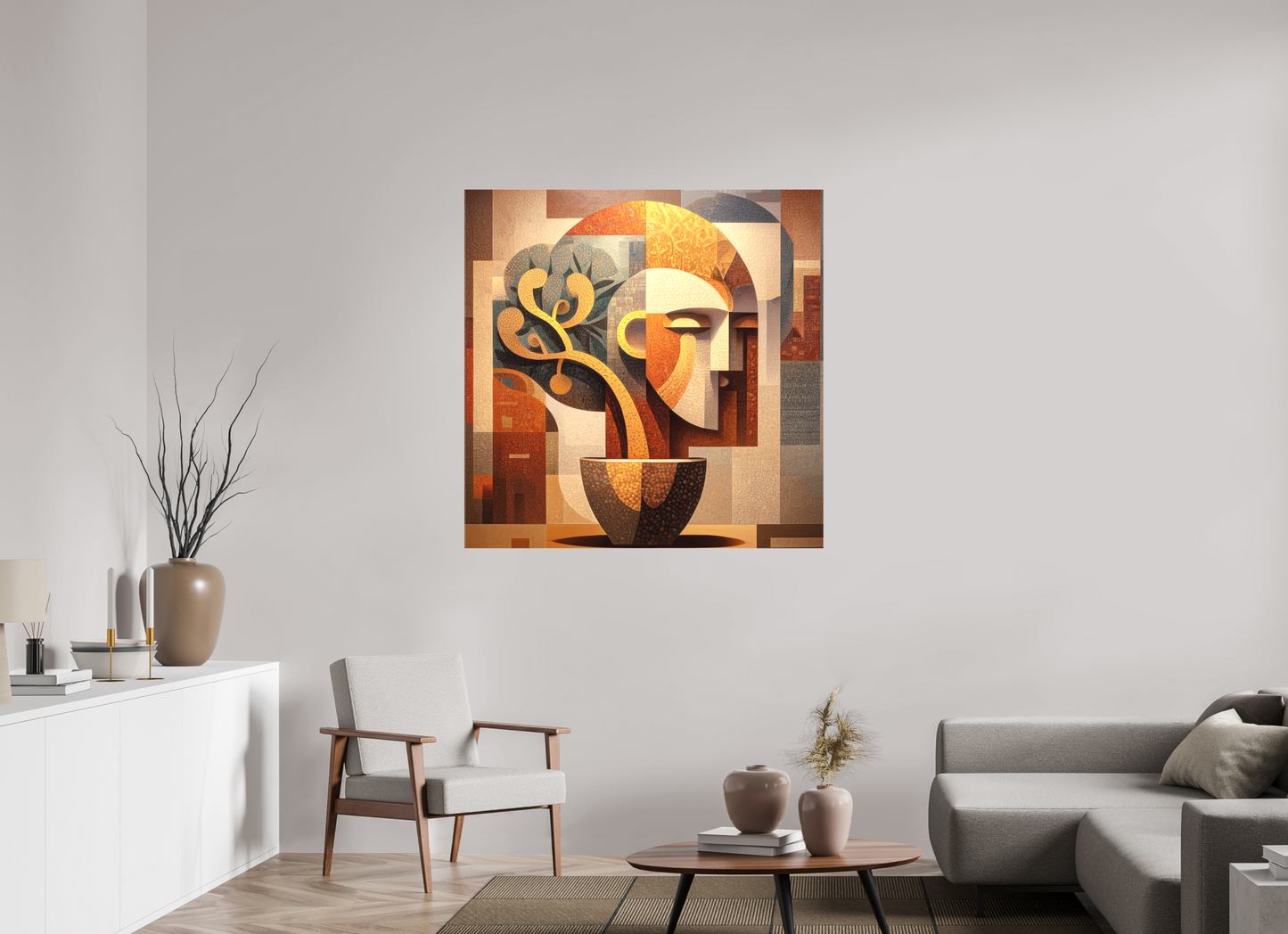 45 x 45″, Textile on Canvas Abstract Pot Head