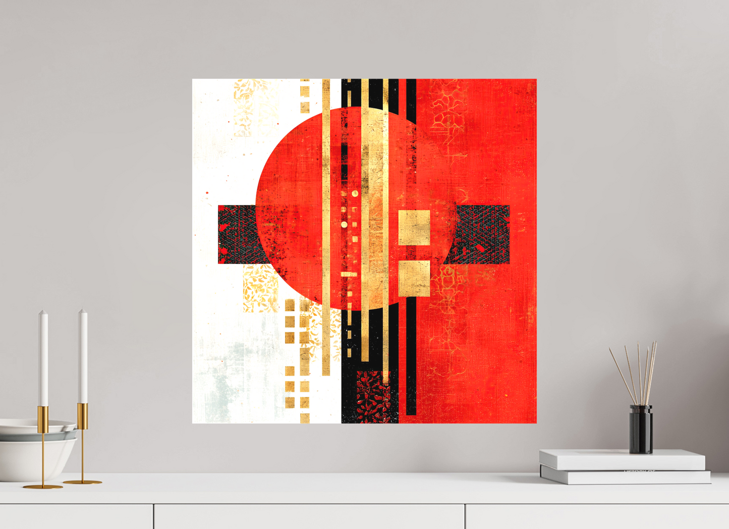 20 x 20″, Textile on Canvas Abstract Rising Sun