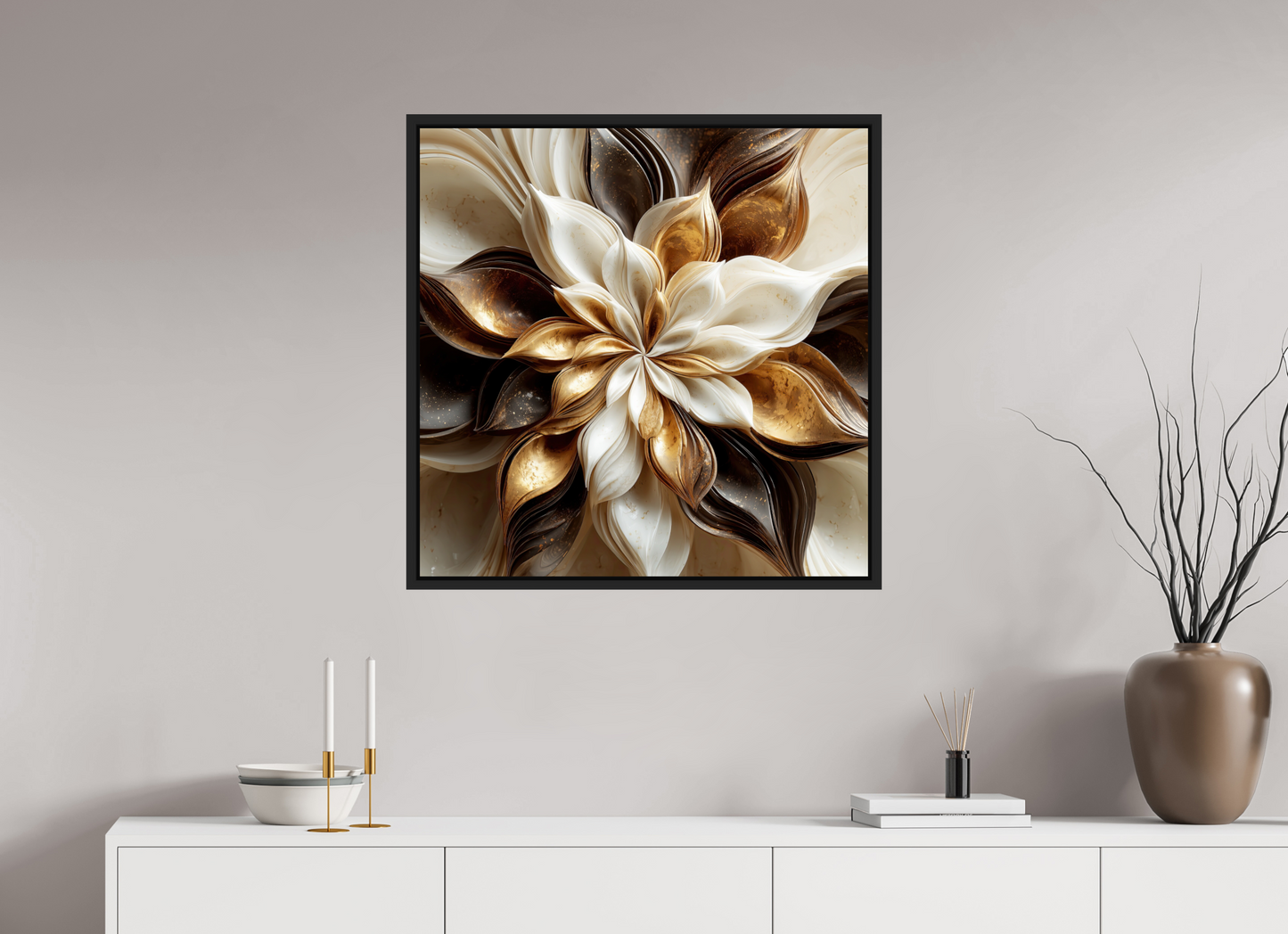 30 x 30″, Fine Art Print on Aluminum Dibond with Boarder Coffee Marble Flower