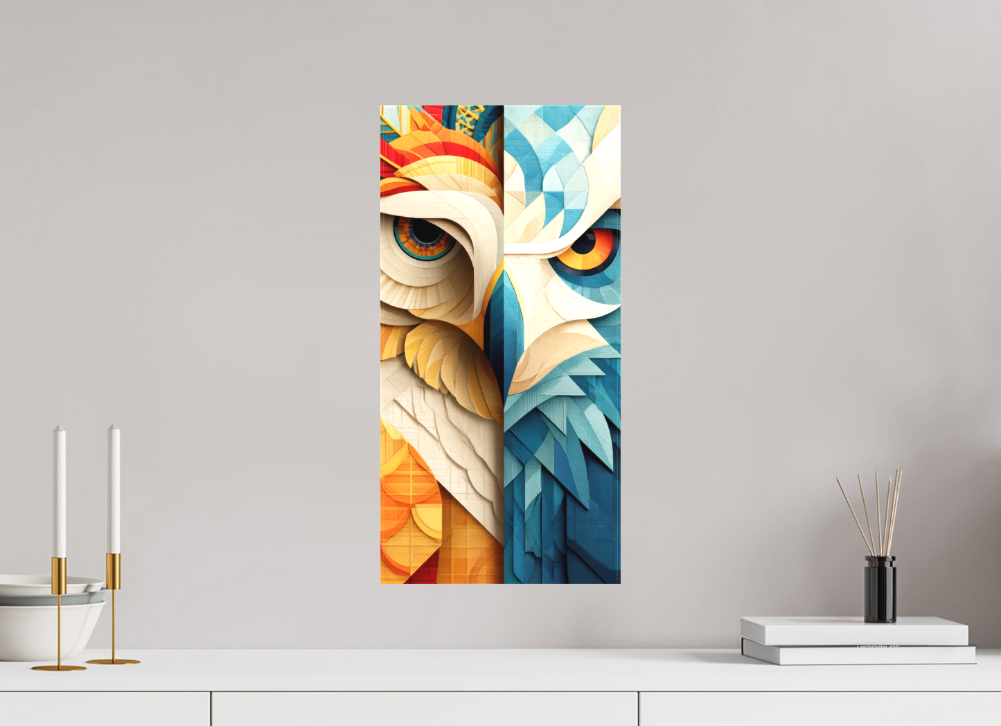 10 x 20.2″, Textile on Canvas Abstract Warm & Cold Owl
