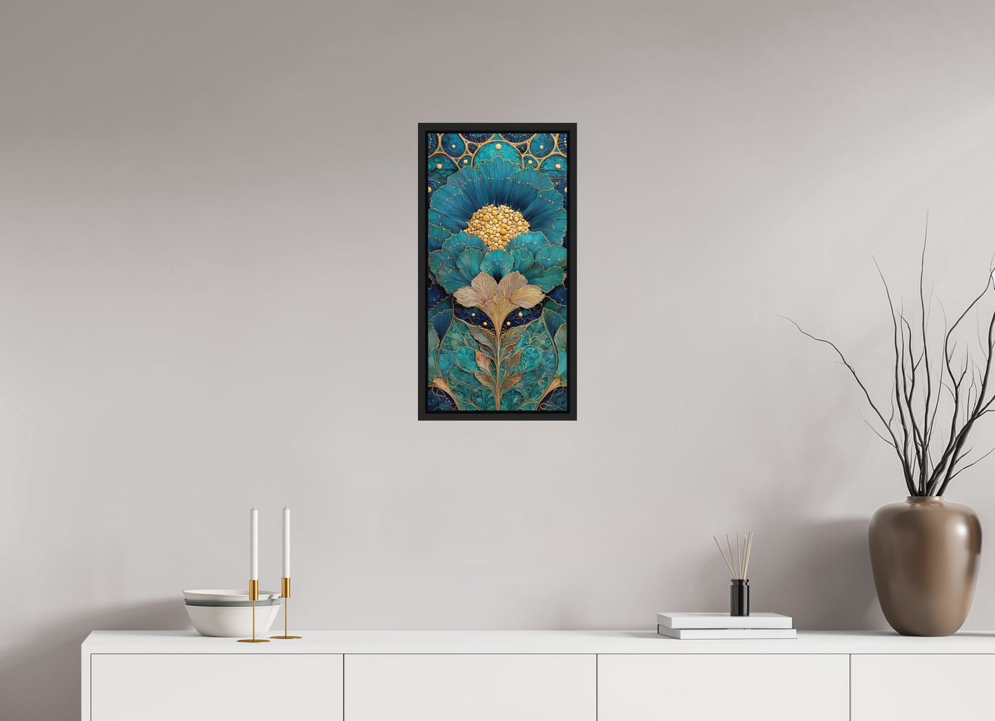 12 x 24″, Photo Print on Aluminum Backing with boarder Art Deco Teal Flower 1
