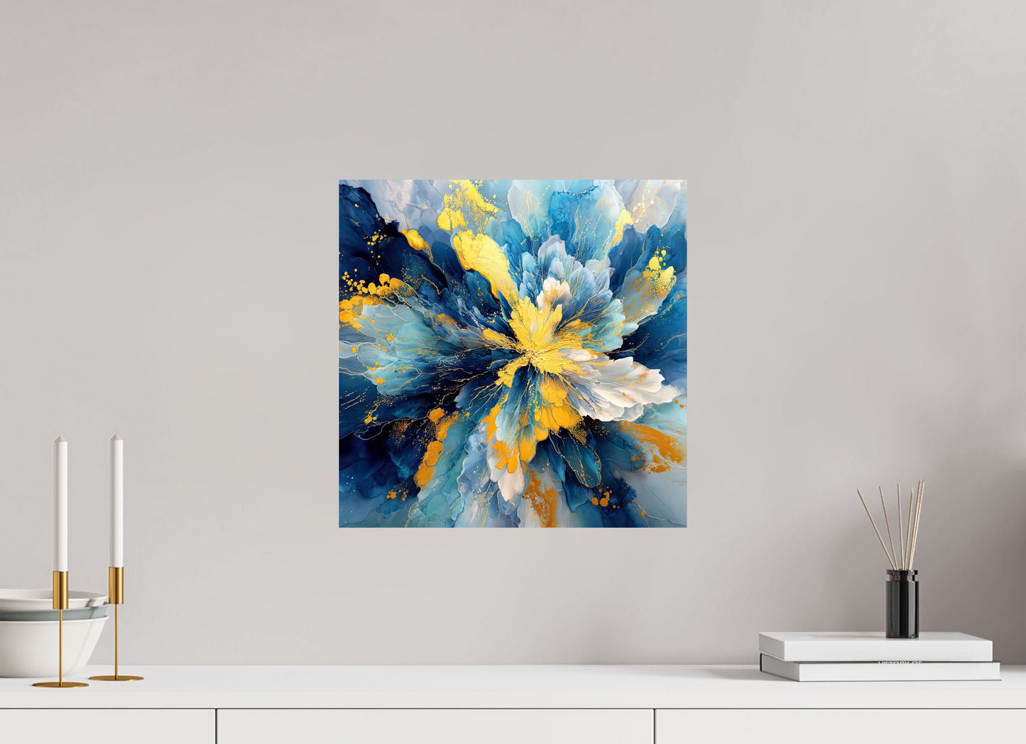 15 x 15″, Fine Art Print On Aluminum Dibond Abstract Blue & Gold Flower