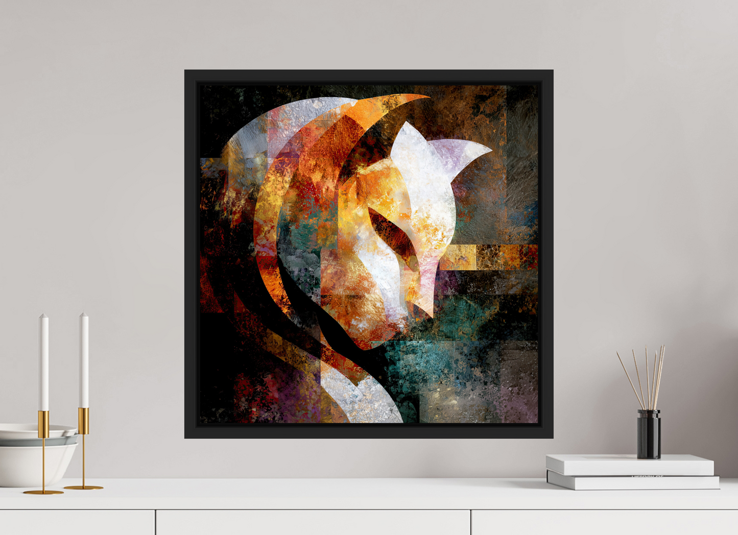 20 x 20″, Fine Art Print on Aluminum Dibond with Boarder Abstract Cat