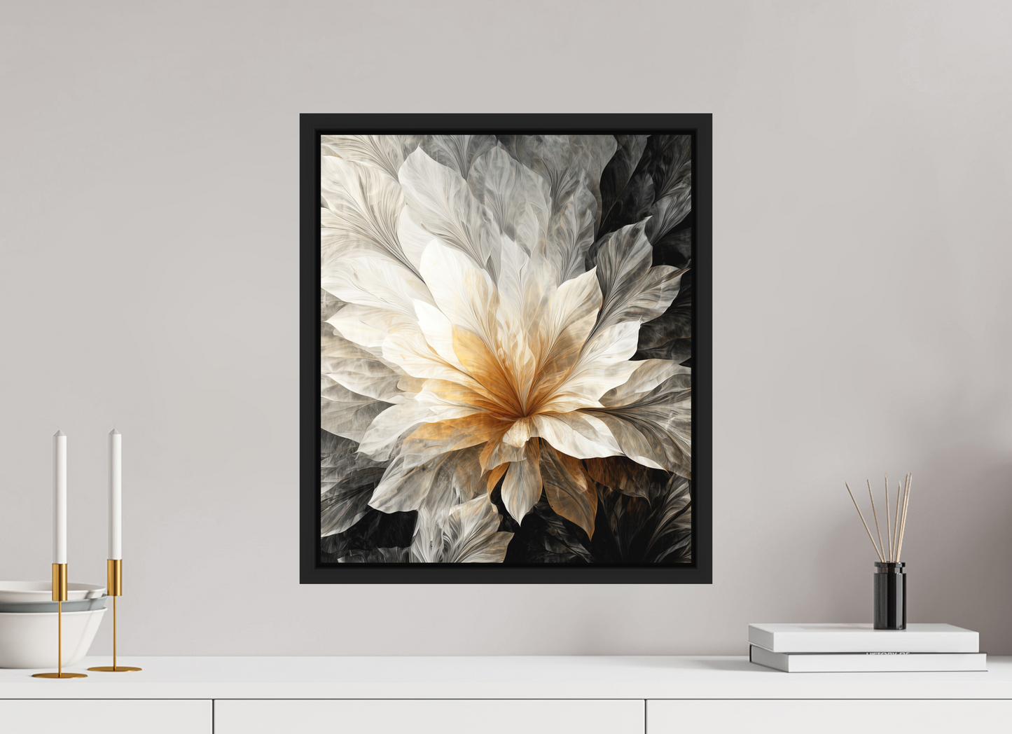 16 x 18.5″, Photo Print on Aluminum Backing with boarder White & Gold Flower 1