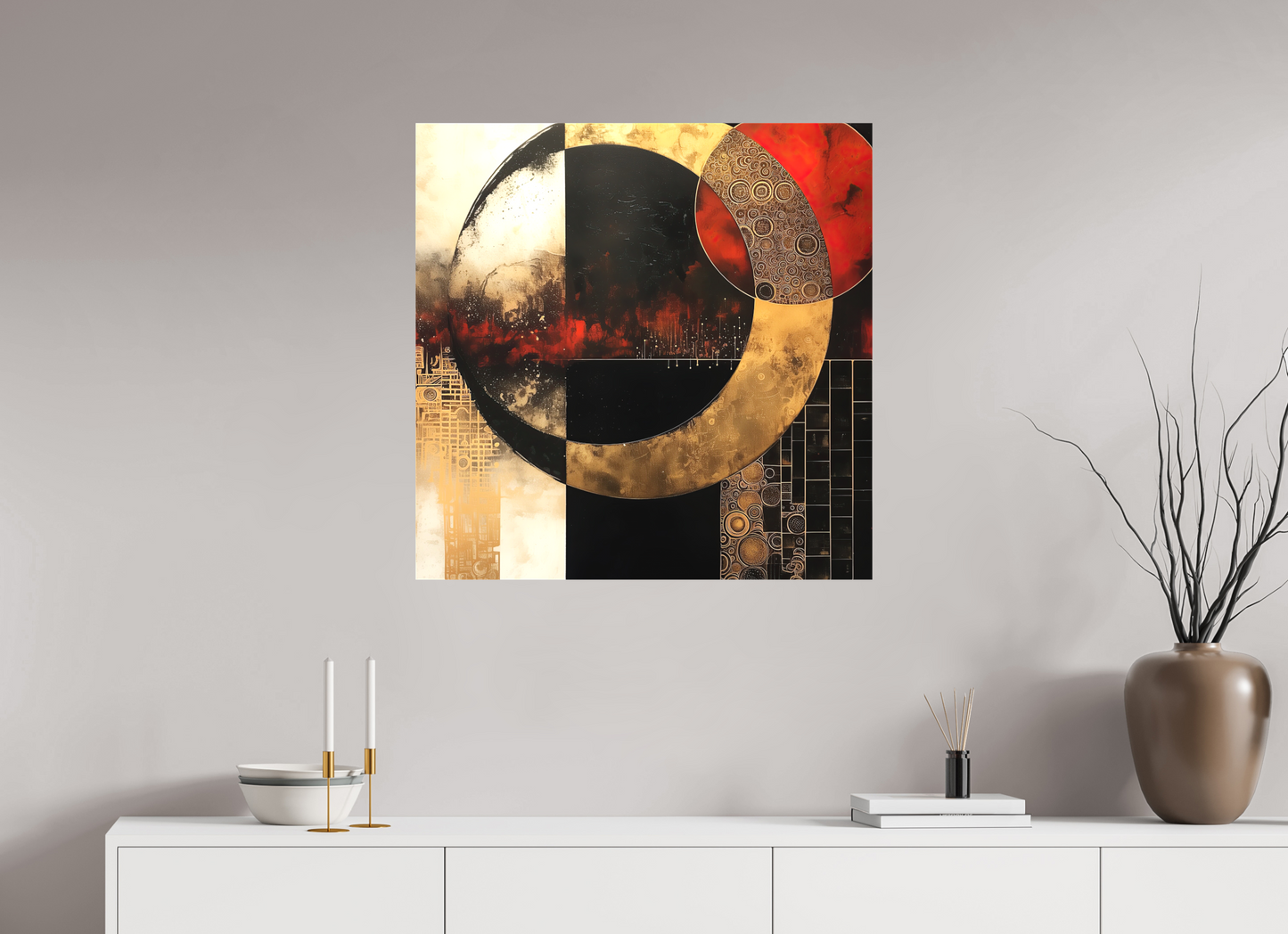 30 x 30″, Textile on Canvas Gold Blood Moon