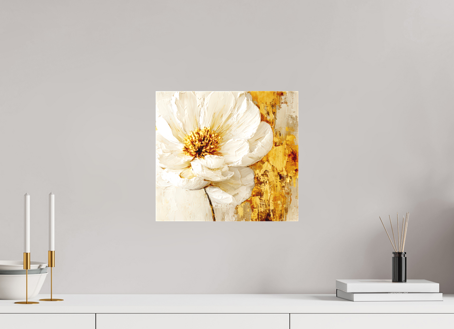 13.2 x 12″, Textile on Canvas White and Gold Flower 3