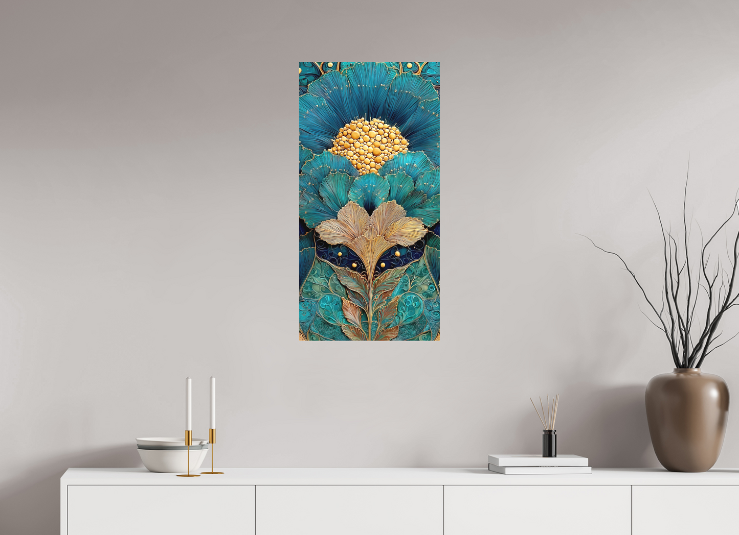 16 x 32″, Textile on Canvas Art Deco Teal Flower 1