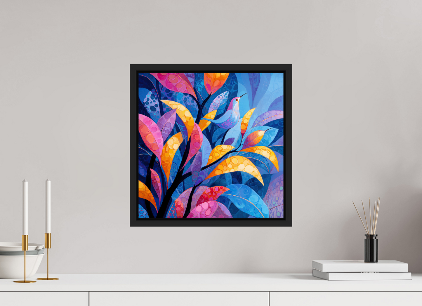 15 x 15″, Fine Art Print on Aluminum Dibond with Boarder Tropical Bird