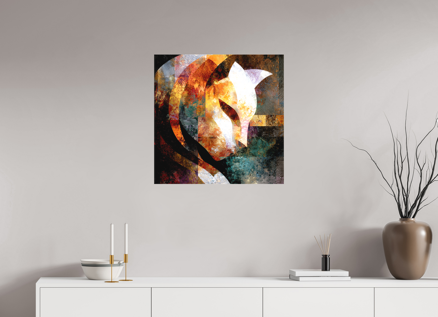 25 x 25″, Textile on Canvas Abstract Cat