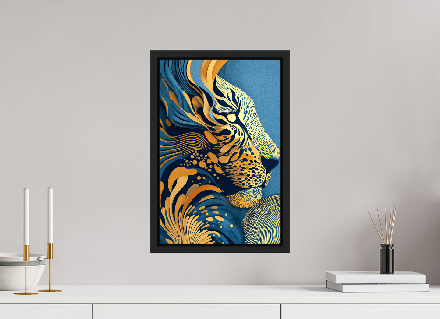 12 x 18.3″, Fine Art Print on Aluminum Dibond with Boarder Yellow & Blue Cheetah