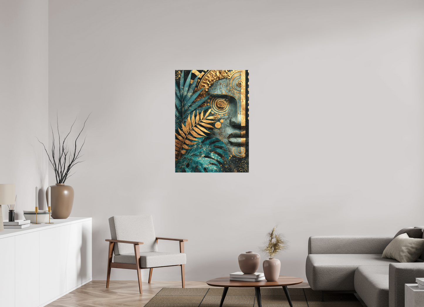 28 x 39.1″, Textile on Canvas Ancient Face 1