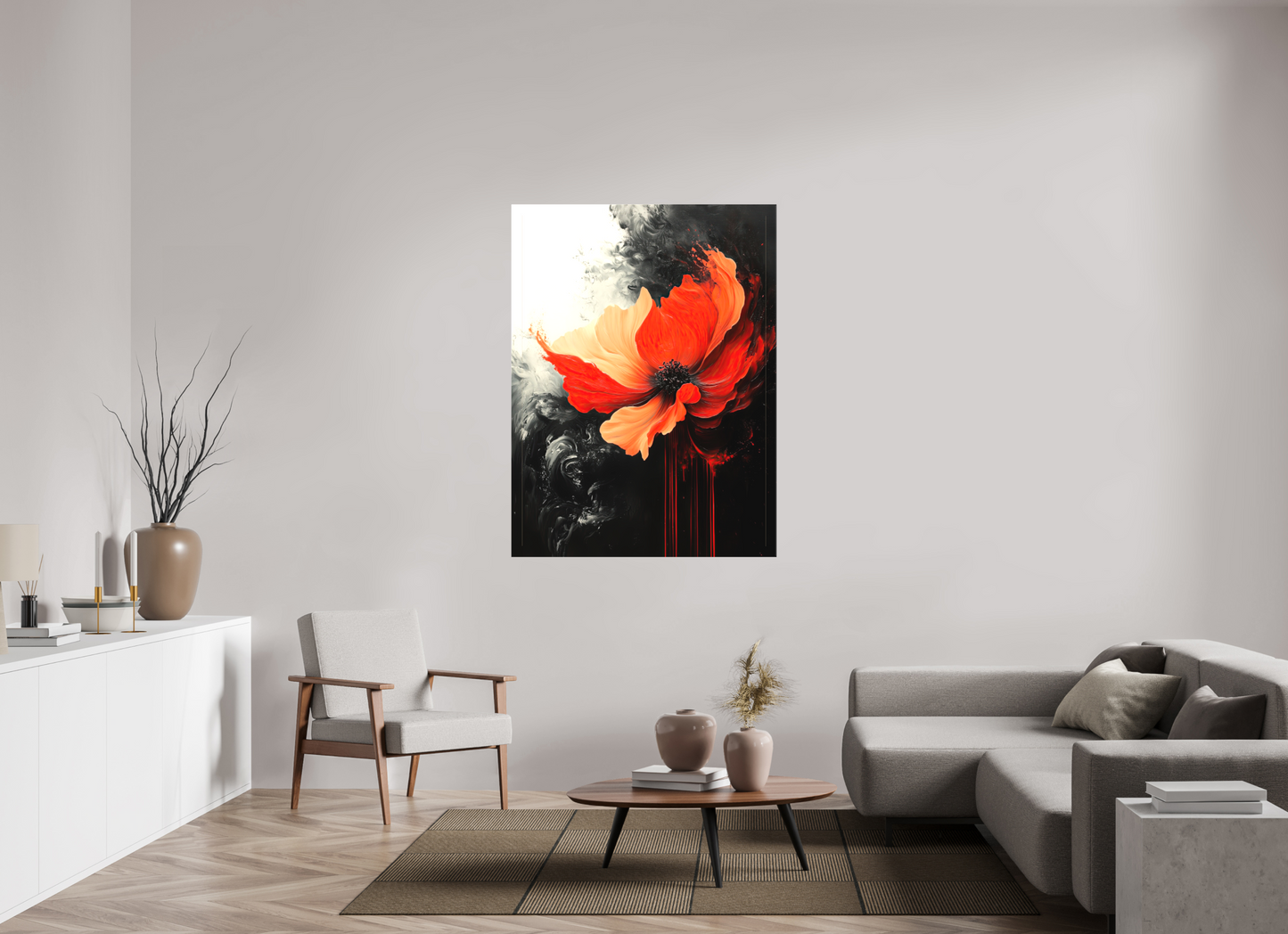 42 x 56″, Textile on Canvas Red Flower