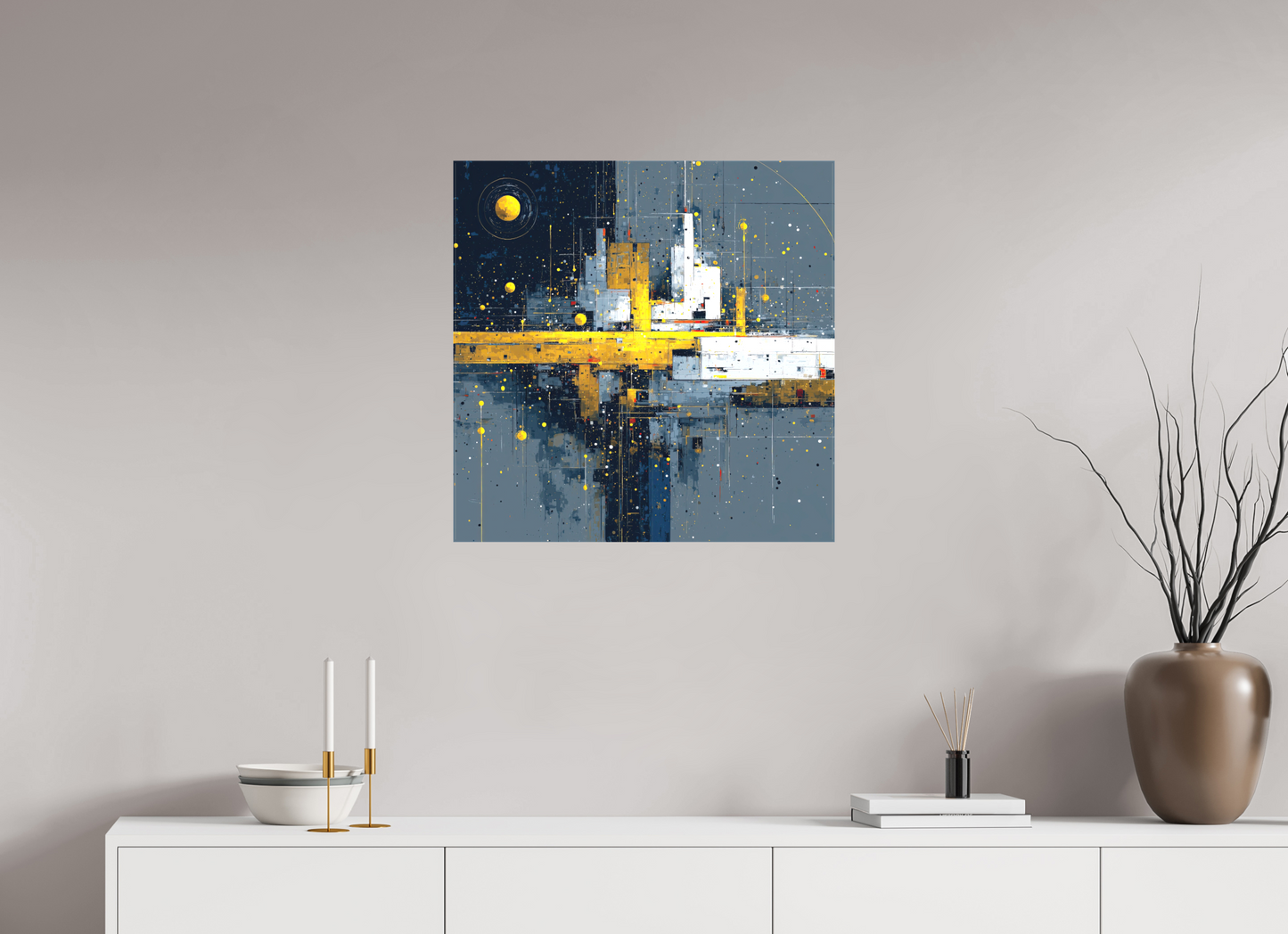 25 x 25″, Textile on Canvas Abstract City