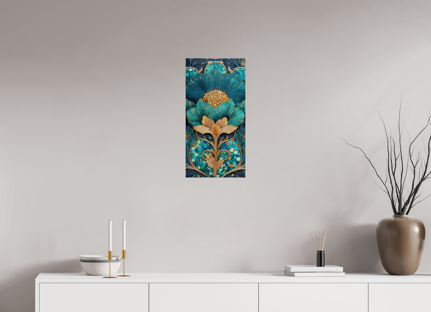 12 x 24″, Fine Art Print On Aluminum Dibond Art Deco Teal Flower 2