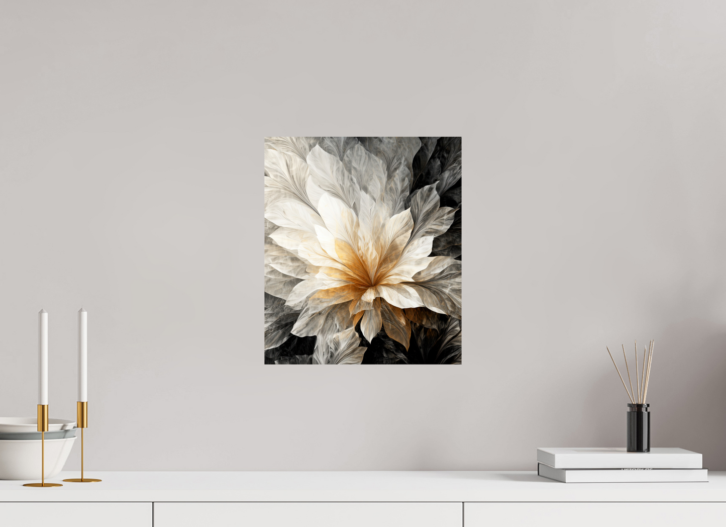 12 x 13.9″, Fine Art Print On Aluminum Dibond White & Gold Flower 1
