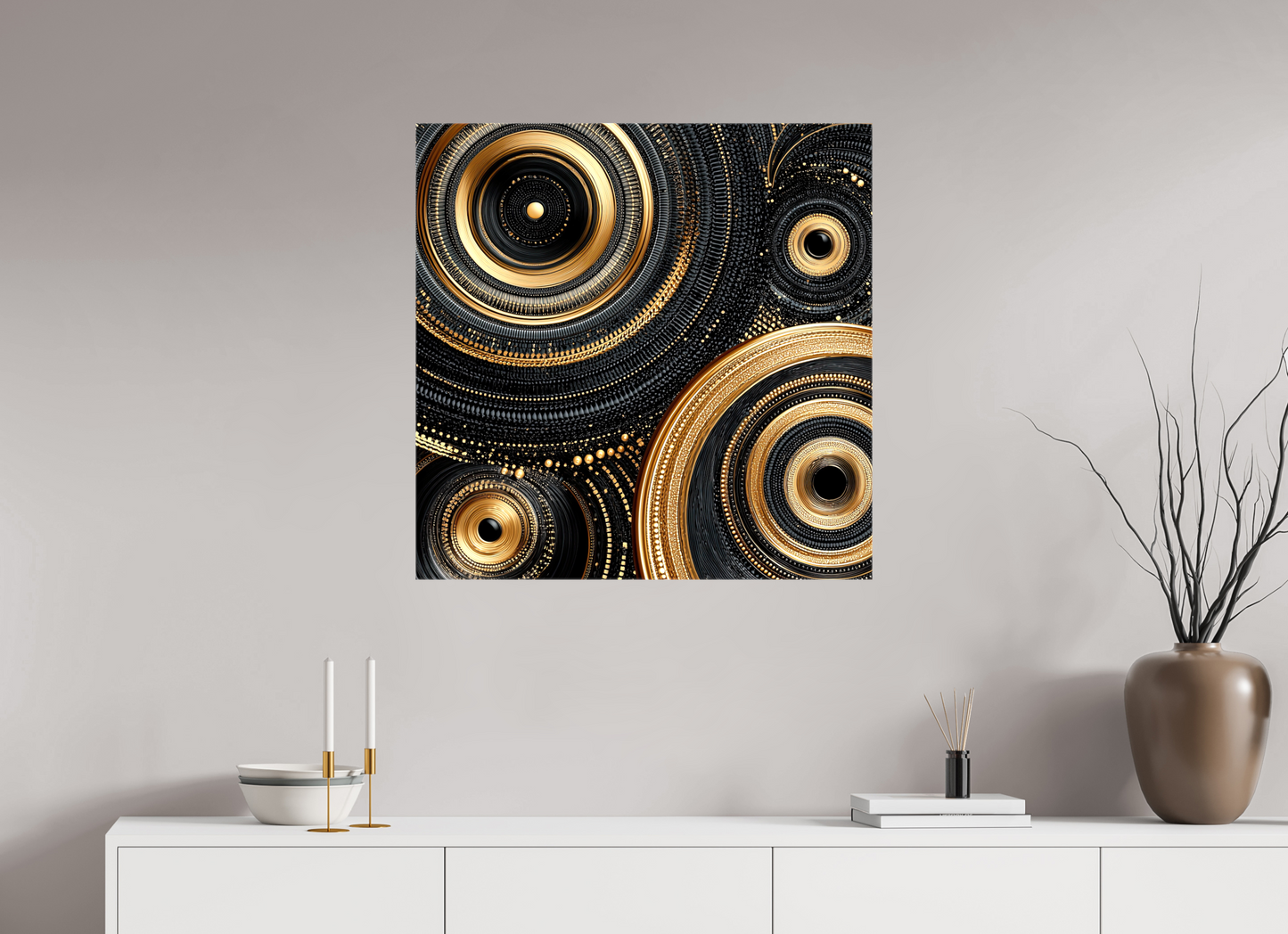 30 x 30″, Glossy Canvas Gold & Black Circles