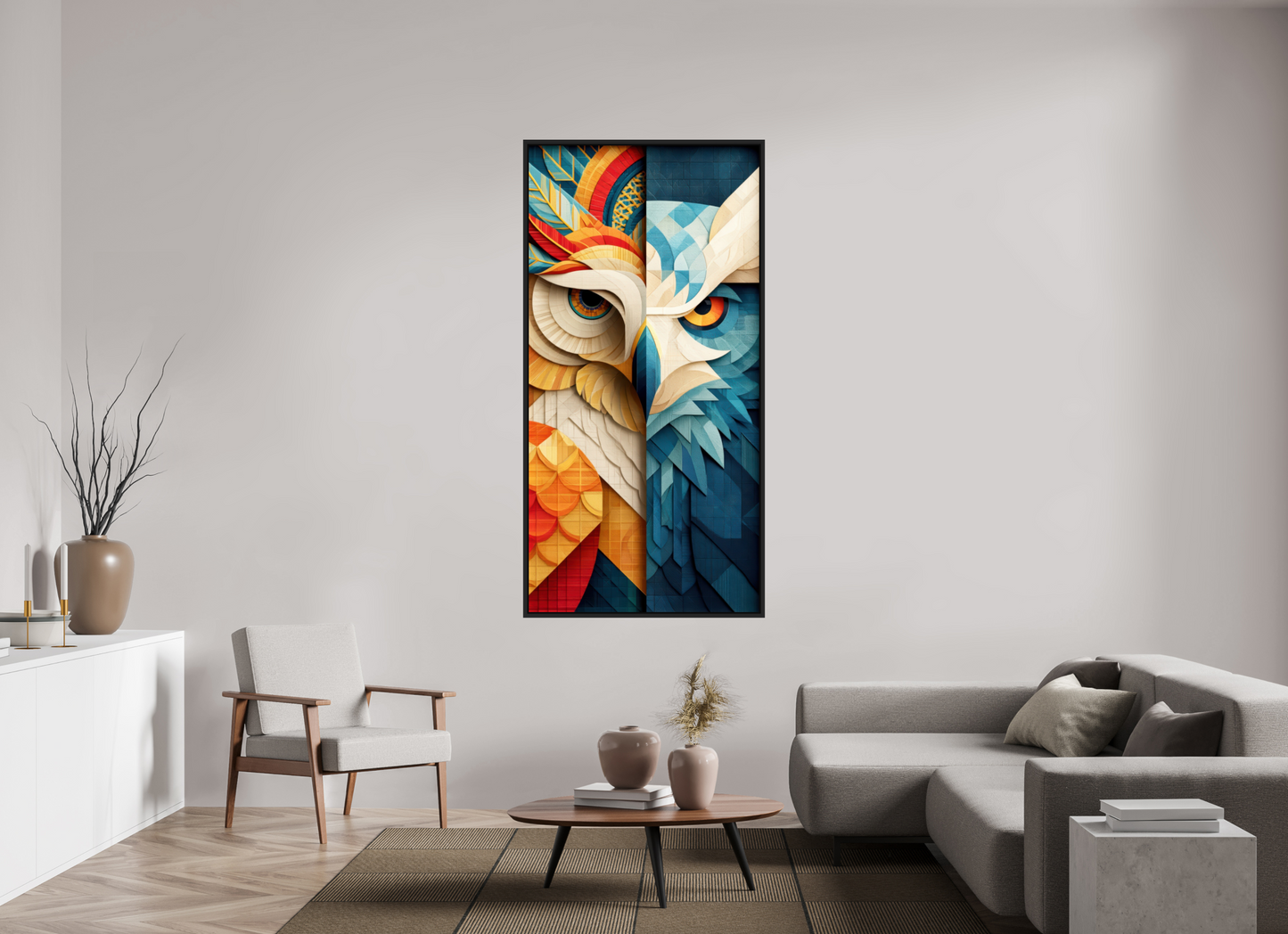 36 x 72.9″, Fine Art Print on Aluminum Dibond with Boarder Abstract Warm & Cold Owl