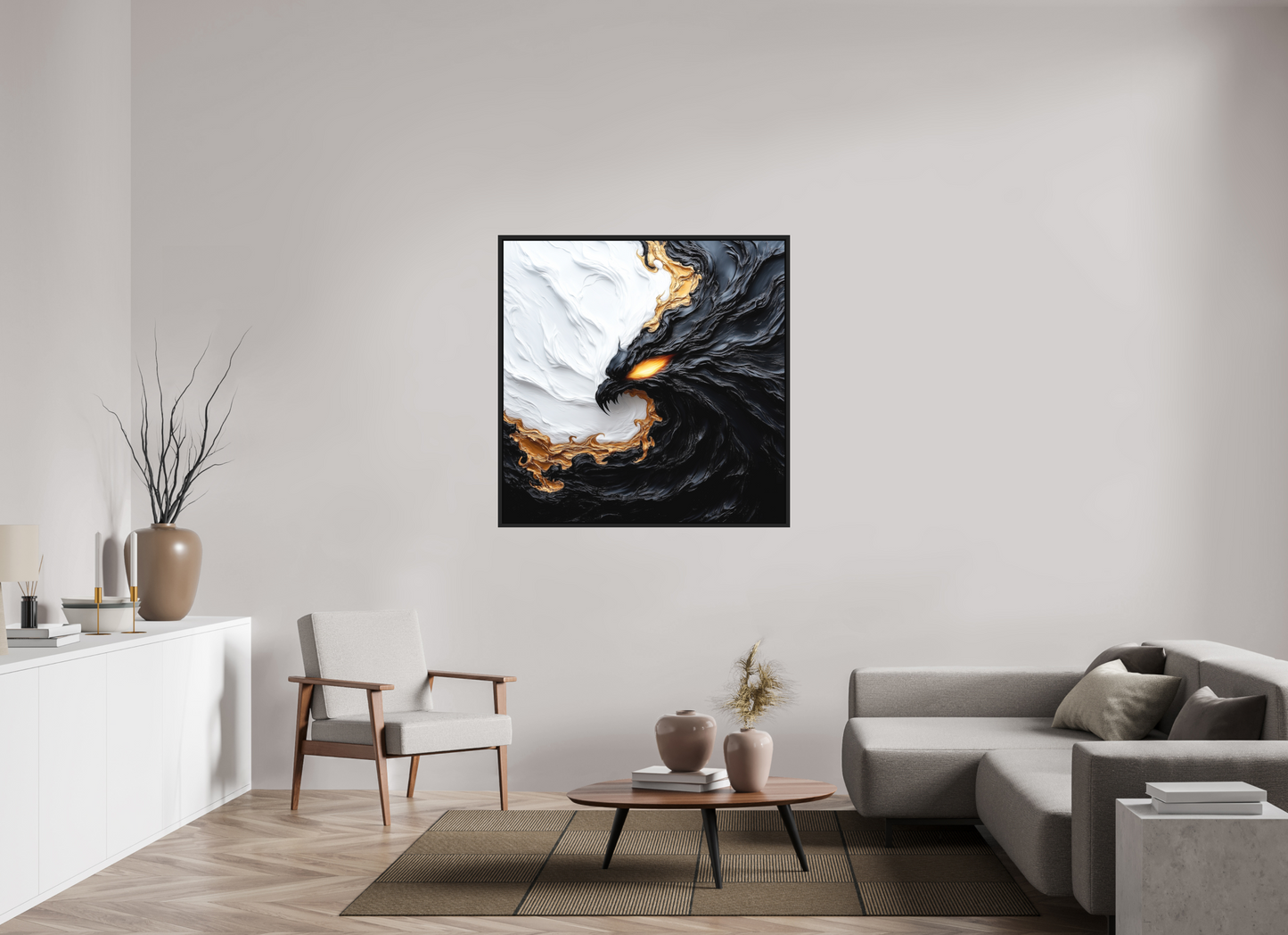 45 x 45″, Photo Print on Aluminum Backing with boarder Yin Yang Bird