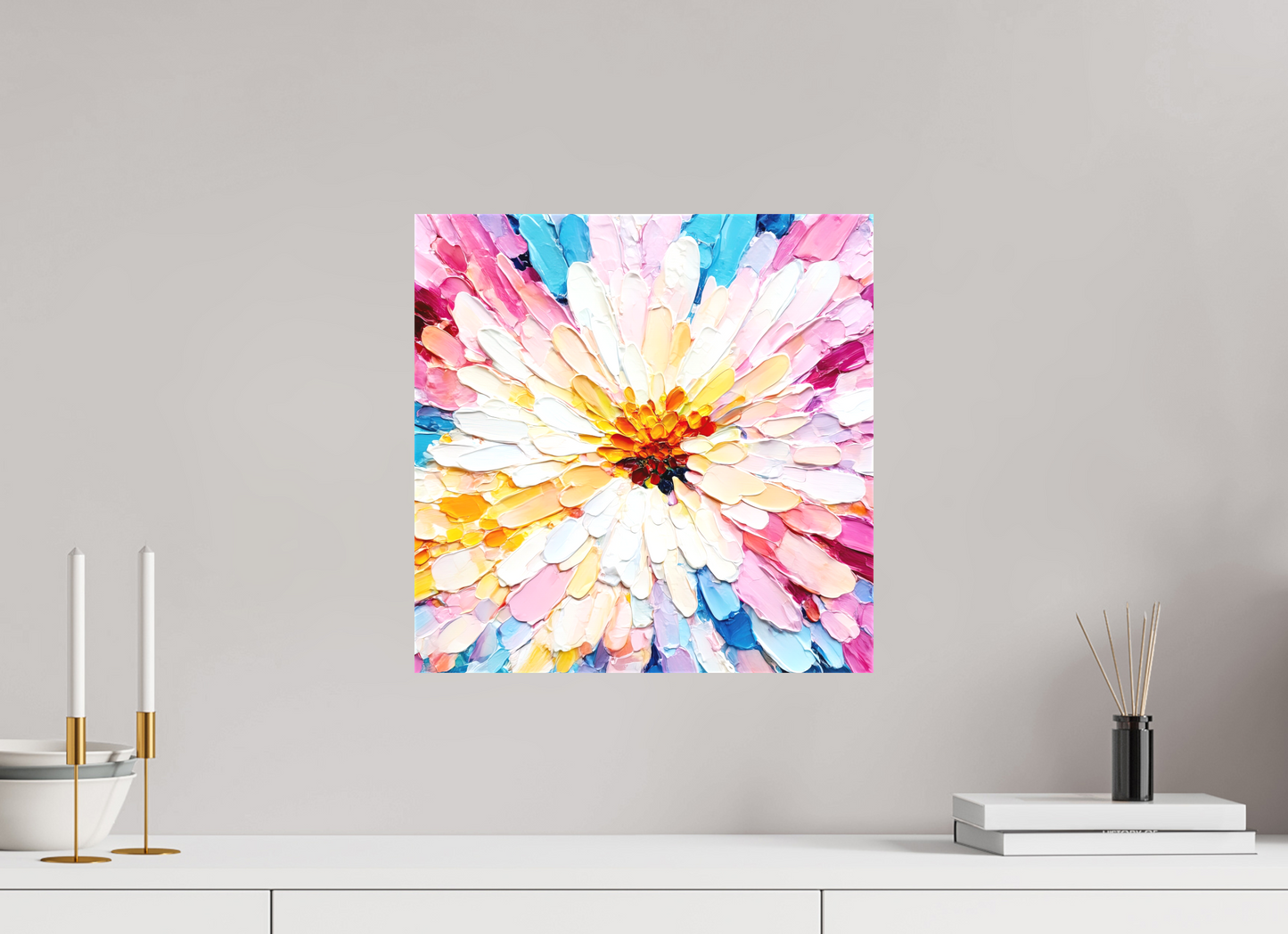 15 x 15″, Textile on Canvas Abstract Paint Flower