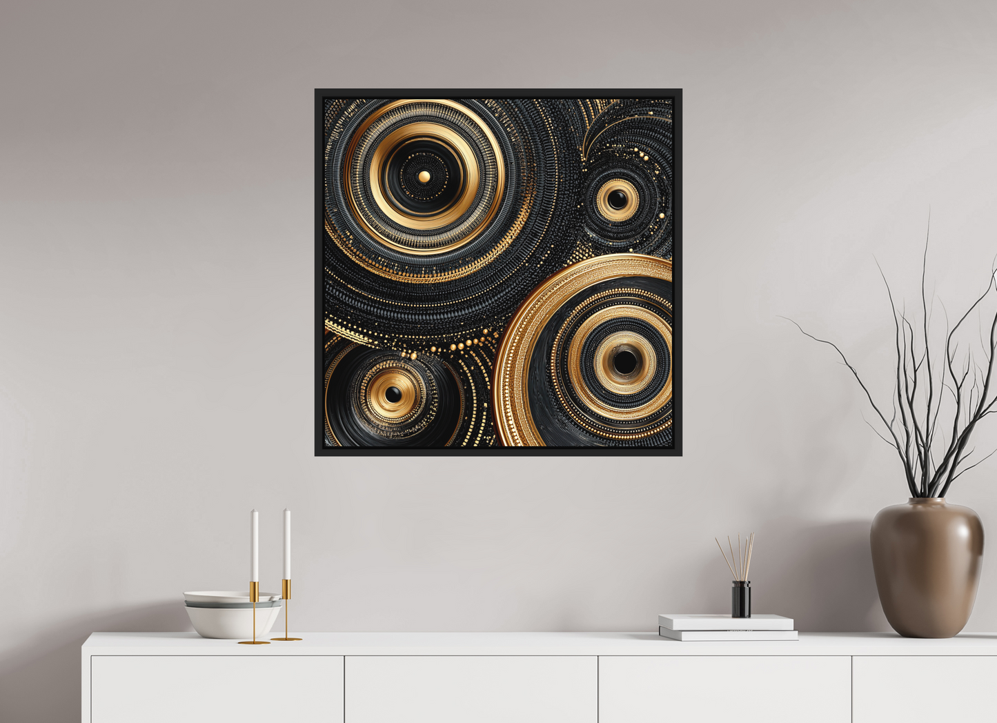 30 x 30″, Photo Print on Aluminum Backing with boarder Gold & Black Circles