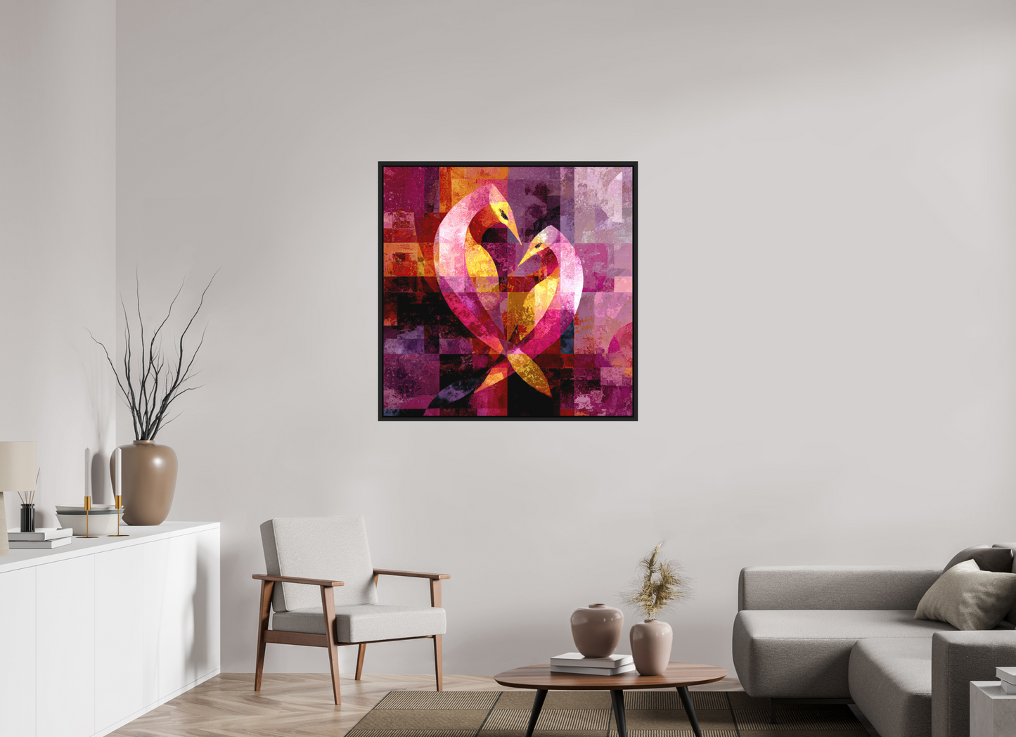 40 x 40″, Photo Print on Aluminum Backing with boarder Love Birds