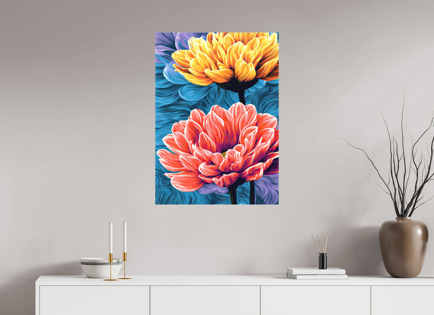 24 x 33.5″, Textile on Canvas Warm Flowers