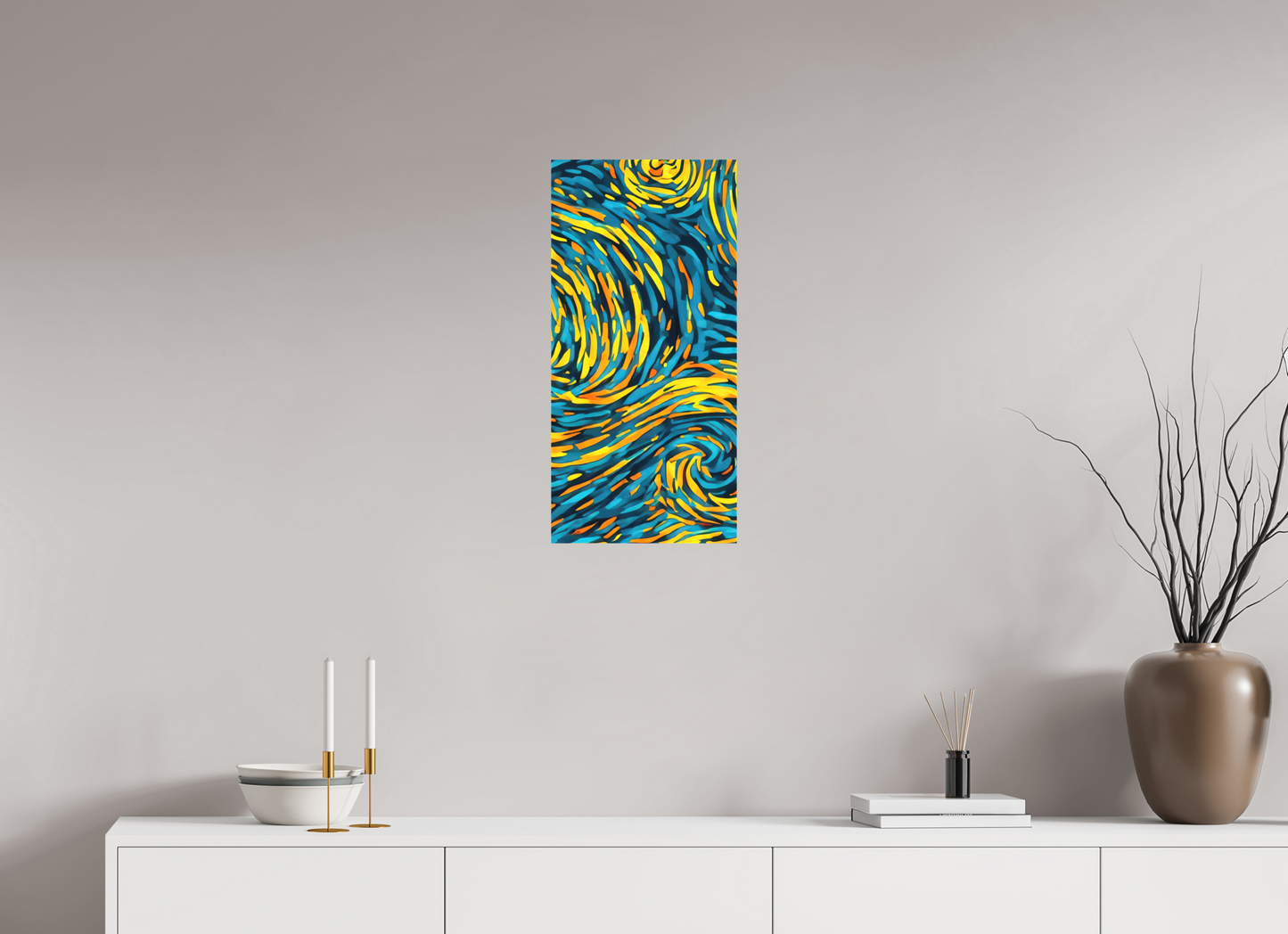 12 x 25.2″, Textile on Canvas Abstract Blue & Yellow Swirls