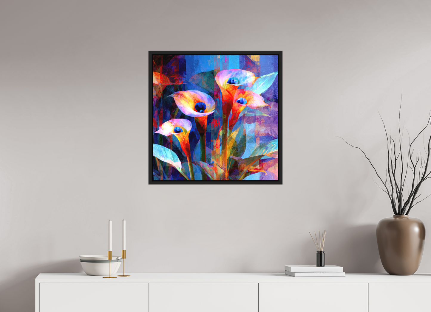 25 x 25″, Photo Print on Aluminum Backing with boarder Abstract Calla Lily Flowers