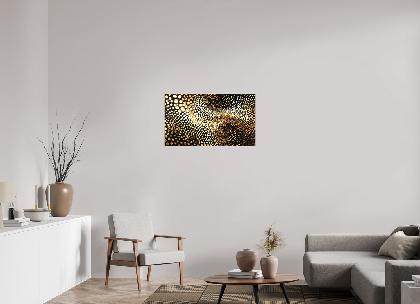 35 x 20″, Textile on Canvas Gold Dot Wave