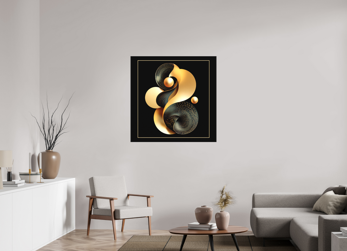 40 x 40″, Textile on Canvas Abstract Black & Gold