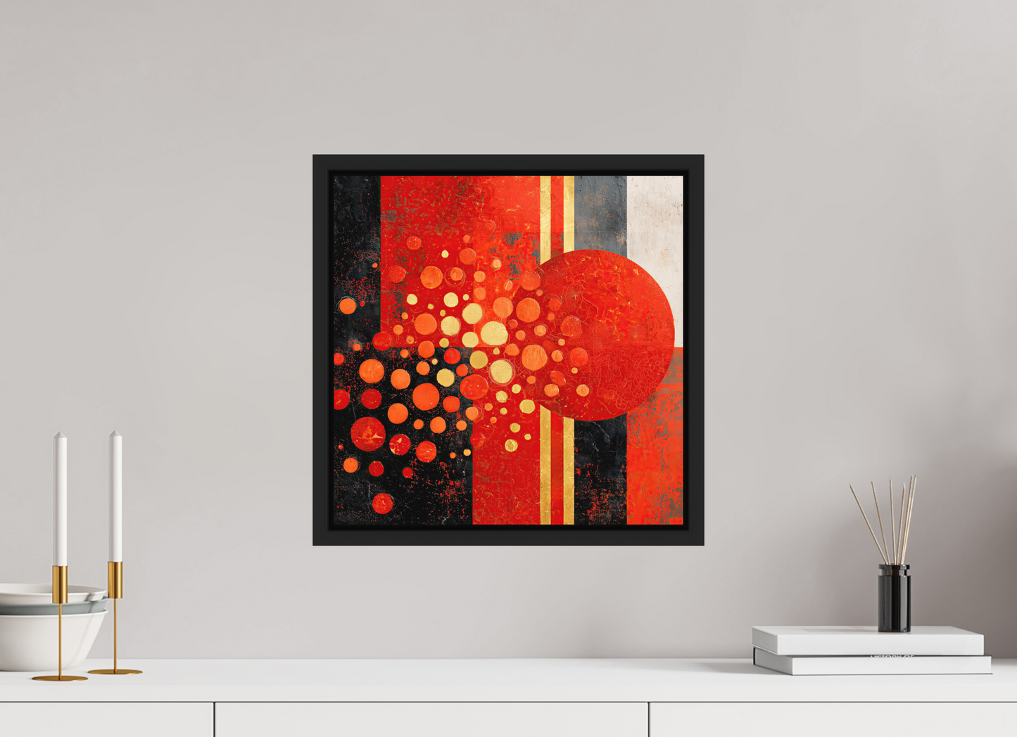 15 x 15″, Photo Print on Aluminum Backing with boarder Abstract Red Dots