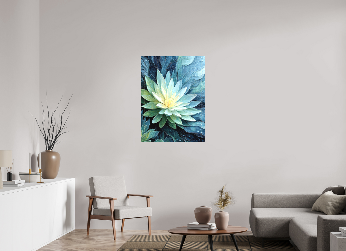 30 x 40″, Textile on Canvas Blue Lily